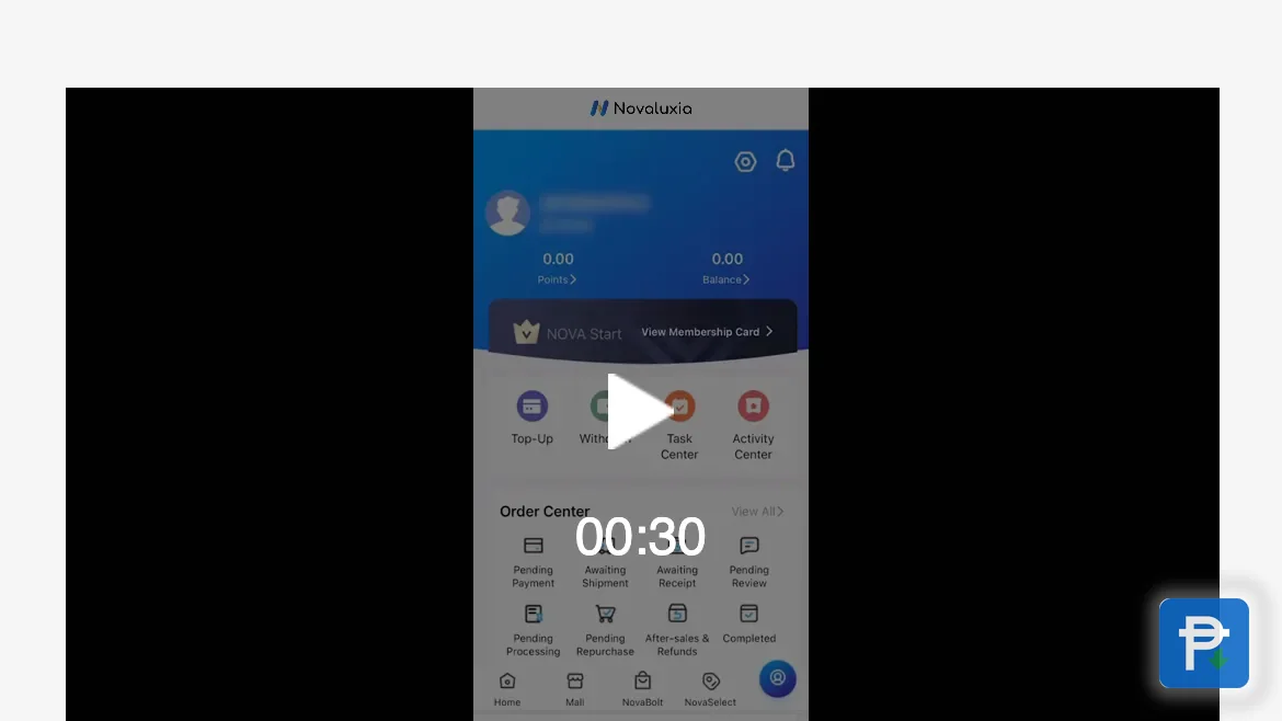 The Novaluxia app's account screen, with Top-Up and Withdrawal listed together above the order centre statuses
