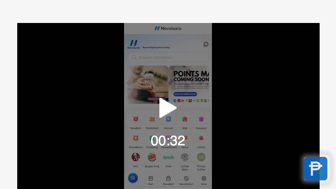 Novaluxia home screen mock-up from the in-app tutorial, showing the Points Mall Coming Soon banner and the PointsMall, Record, Mall and Coupons shortcuts