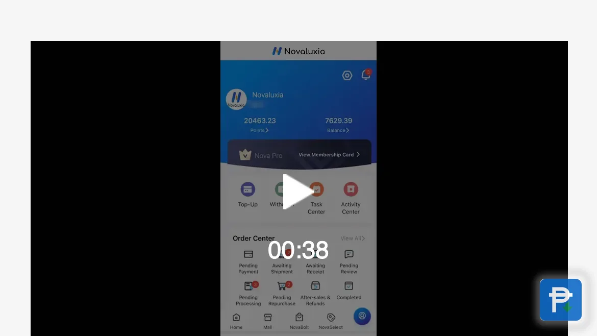 Novaluxia order centre panel with eight status shortcuts, from Pending Payment and Awaiting Shipment to After-sales & Refunds and Completed