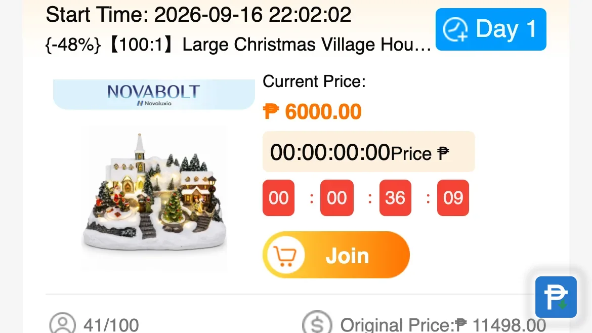 Novaluxia app group-buy card for a Christmas village model, −48% at ₱6,000 from a ₱11,498 list price, Day 1 with 41 of 100 participants