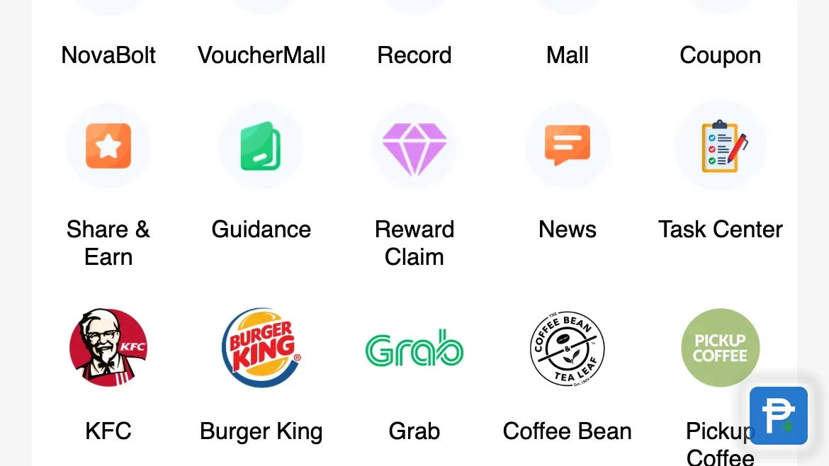 The Novaluxia home screen shortcut grid after installation, showing VoucherMall, Record, Mall and Coupon plus partner-brand tiles