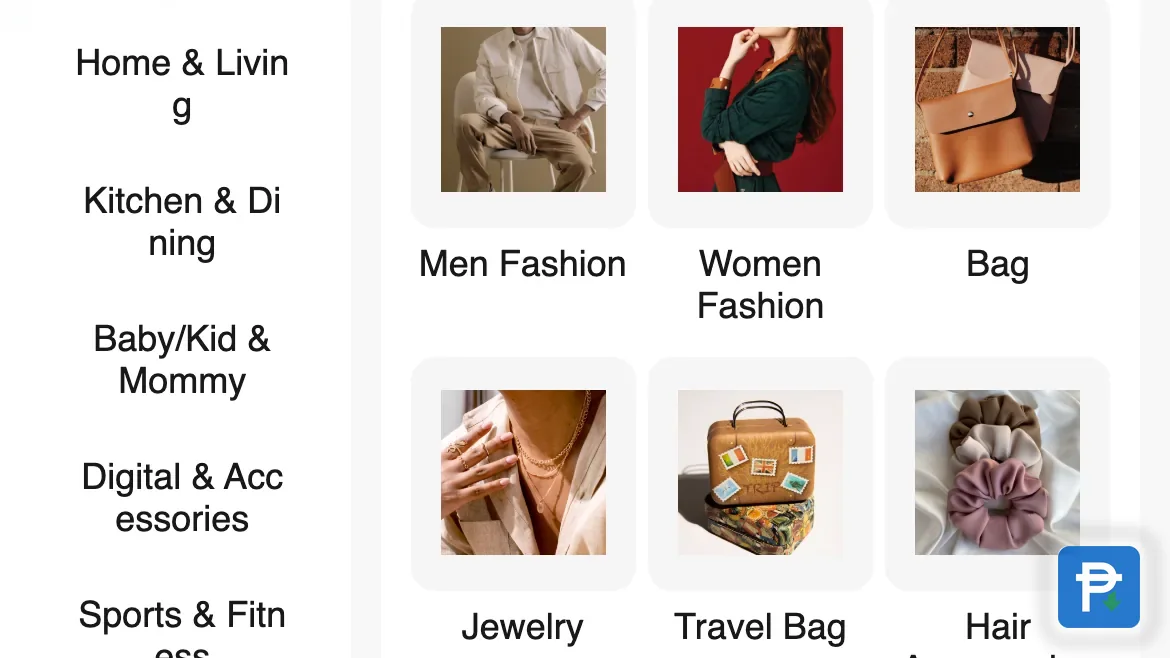 Novaluxia PH shopping mall page with the Fashion category selected, a category rail on the left and Men Fashion, Women Fashion and Bag tiles