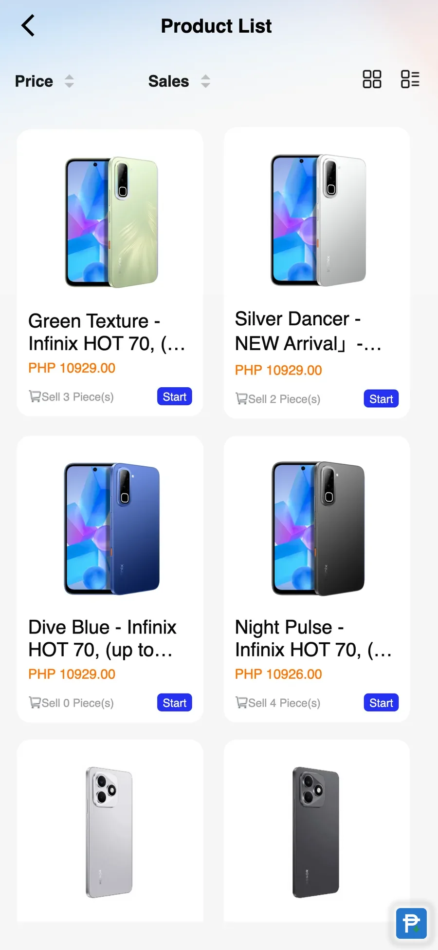 Novaluxia mall product list showing two phones with PHP prices and sales counts