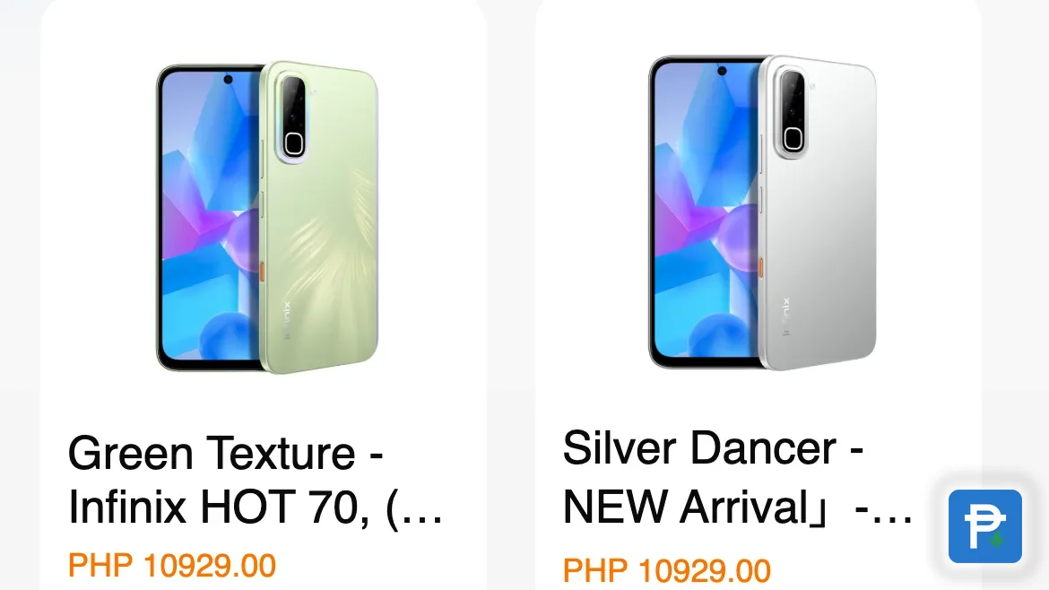 Novaluxia app mall screen with two Infinix HOT 70 phones listed at PHP 10,929.00 each, a fixed-price page used to compare a group-buy deal