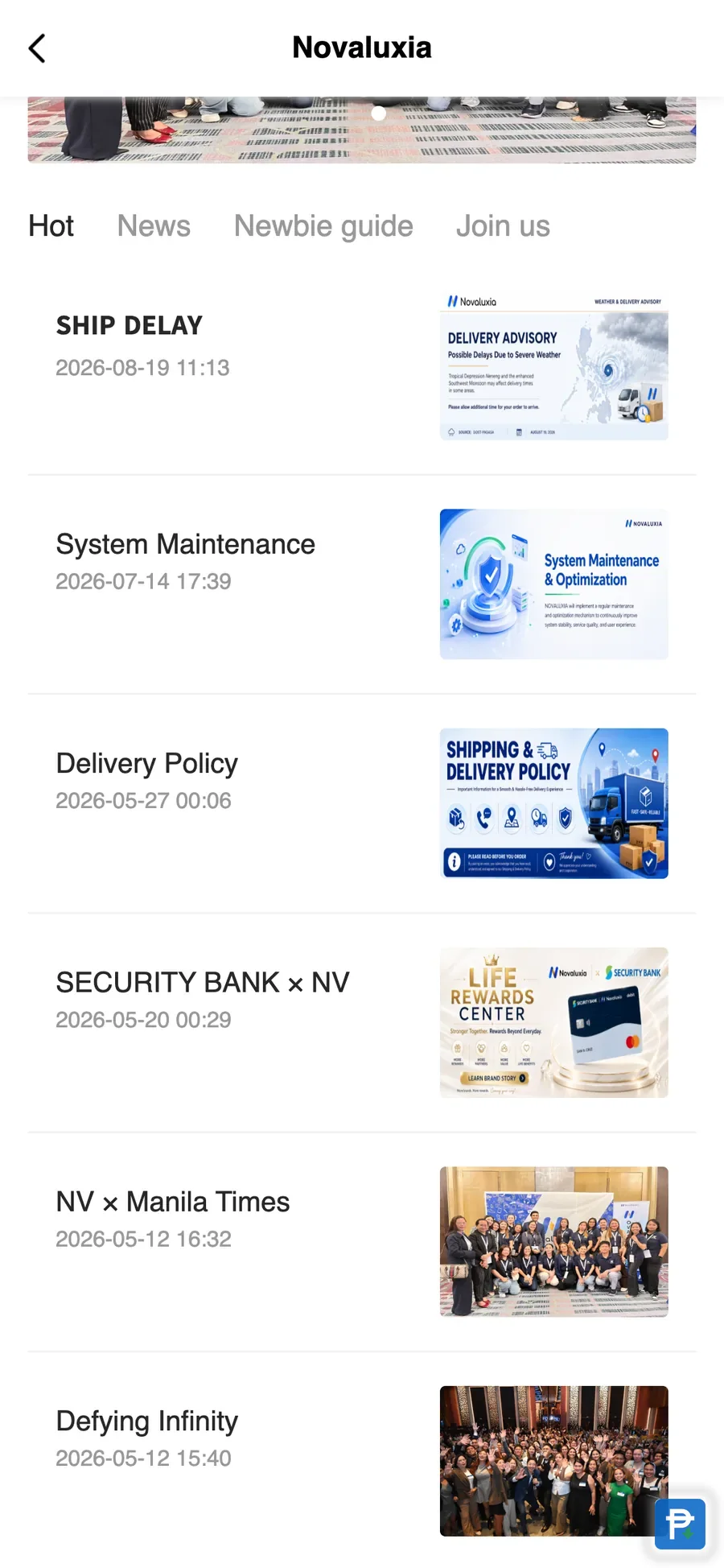 The Novaluxia app news page on the Hot tab, showing dated official notices including SHIP DELAY 2026-08-19 and Delivery Policy 2026-05-27