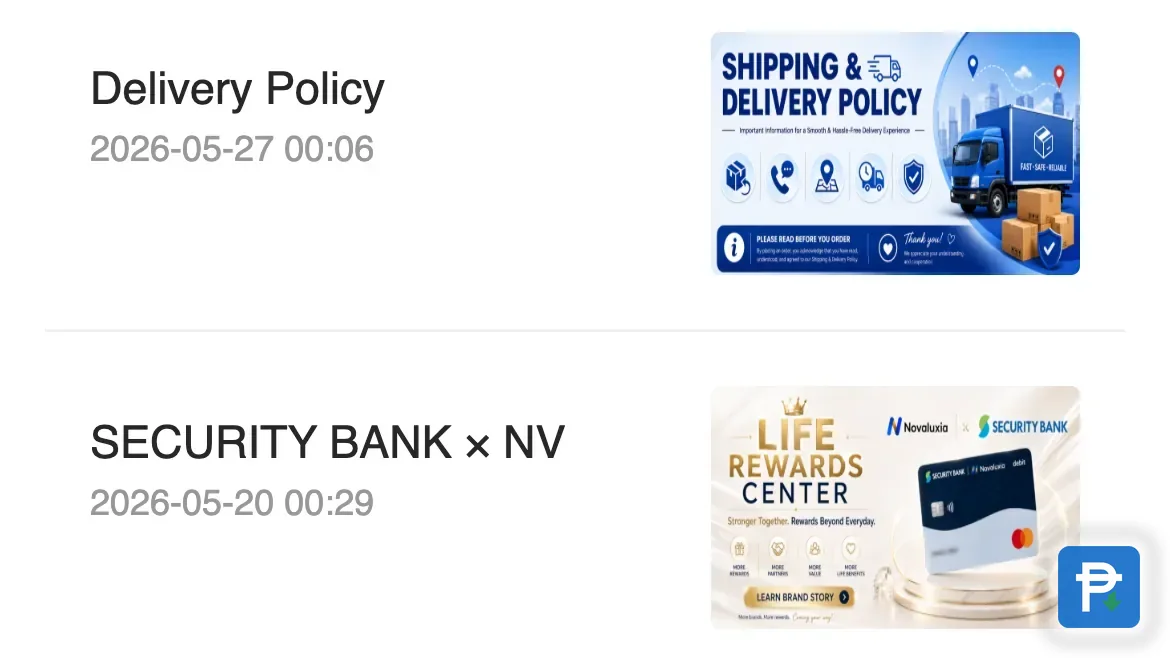 Novaluxia app news page with two dated announcement rows, a Delivery Policy notice and a bank partnership notice, the kind of dated post a novaluxia scam screenshot usually lacks