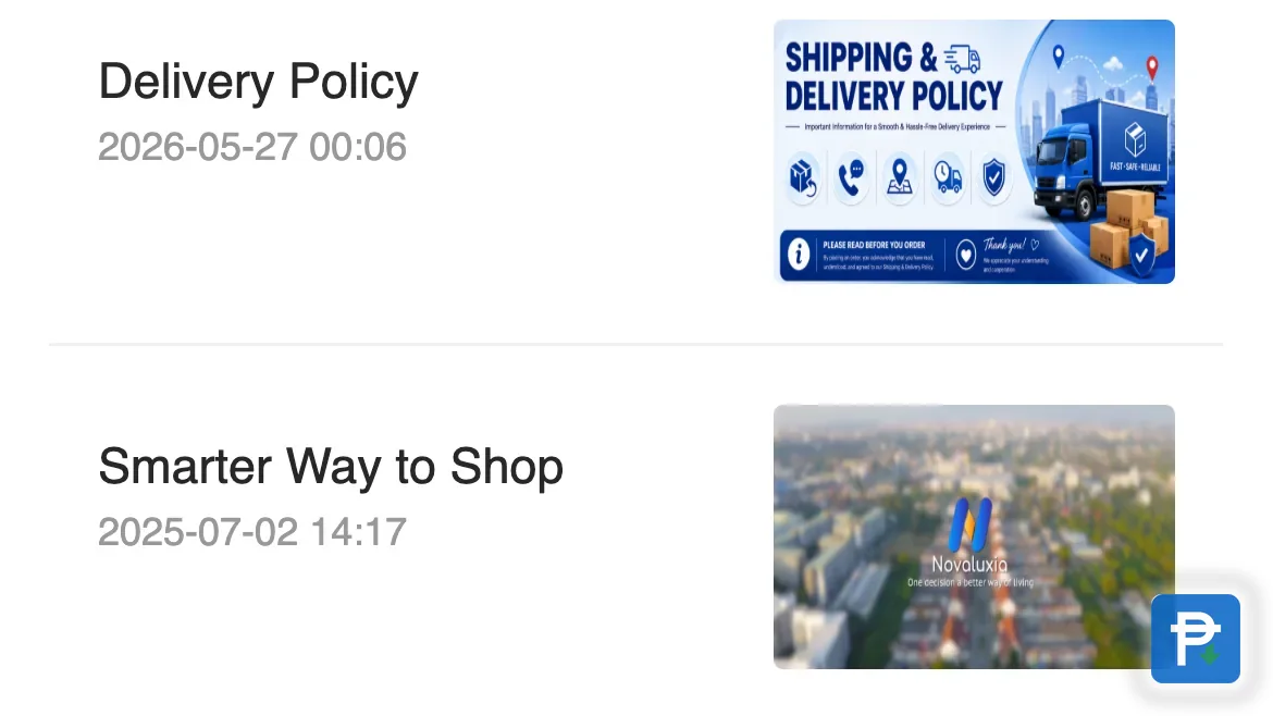 Two rows from the app's Newbie guide tab, Delivery Policy dated 2026-05-27 and Smarter Way to Shop dated 2025-07-02