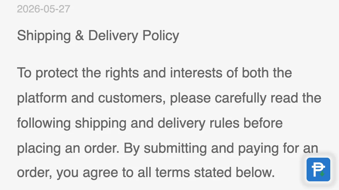 The Novaluxia app's Delivery Policy notice dated 2026-05-27, as posted in the app's guide tab