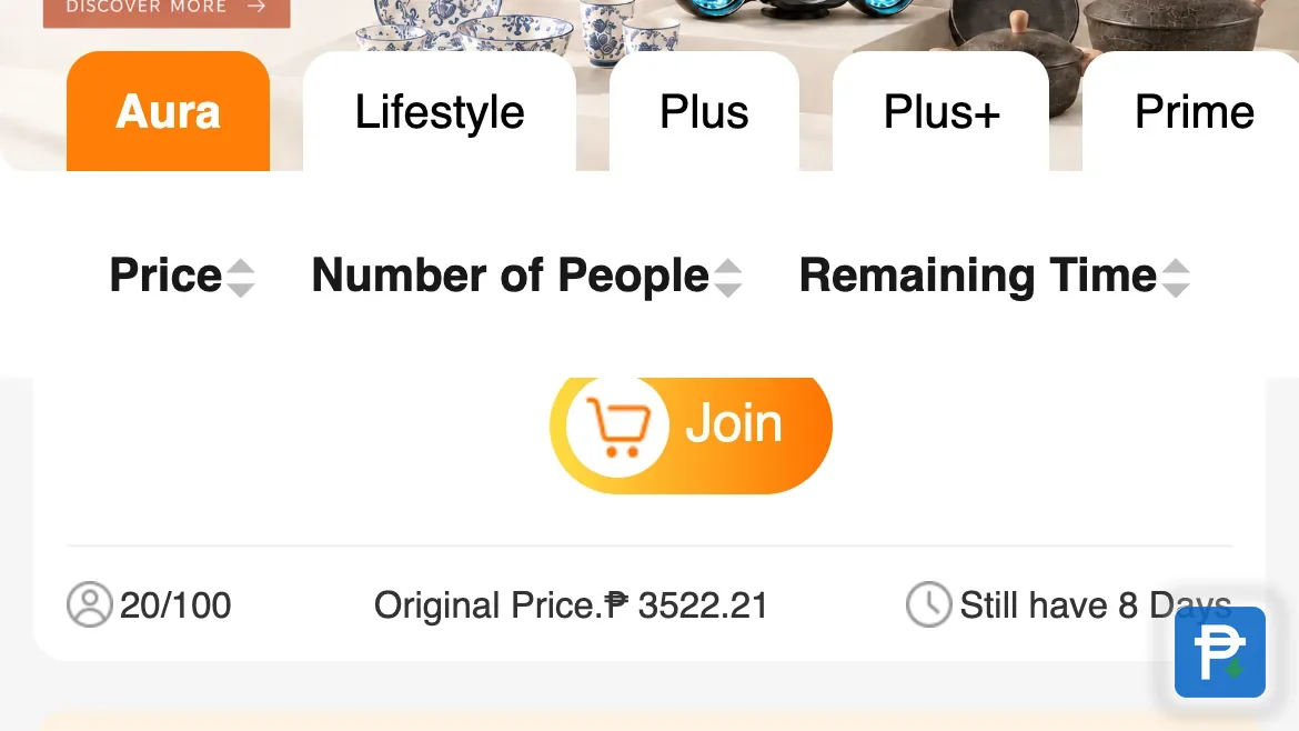 A Nova Select screen in the Novaluxia app with the Aura, Lifestyle, Plus, Plus+ and Prime tabs, sort controls for Price, Number of People and Remaining Time, and a Join card showing 20/100 with eight days left