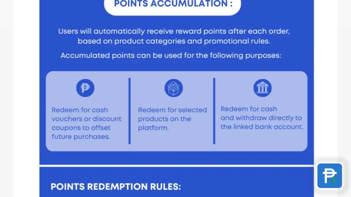 The Novaluxia points rules screen listing three redemption paths: vouchers or discount coupons, products on the platform, and cash withdrawal to a linked bank account