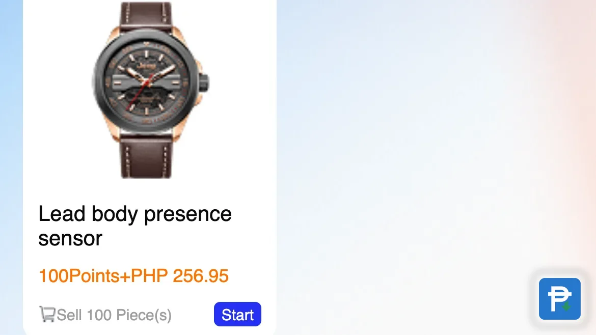 Novaluxia app voucher screen showing a watch-style sensor at 100 points plus ₱256.95, with 100 pieces on sale