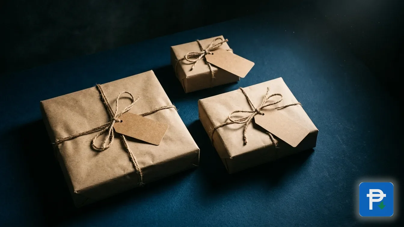 Three plain parcels with blank tags on strings arranged on a deep blue surface, light falling across them in a studio flat lay
