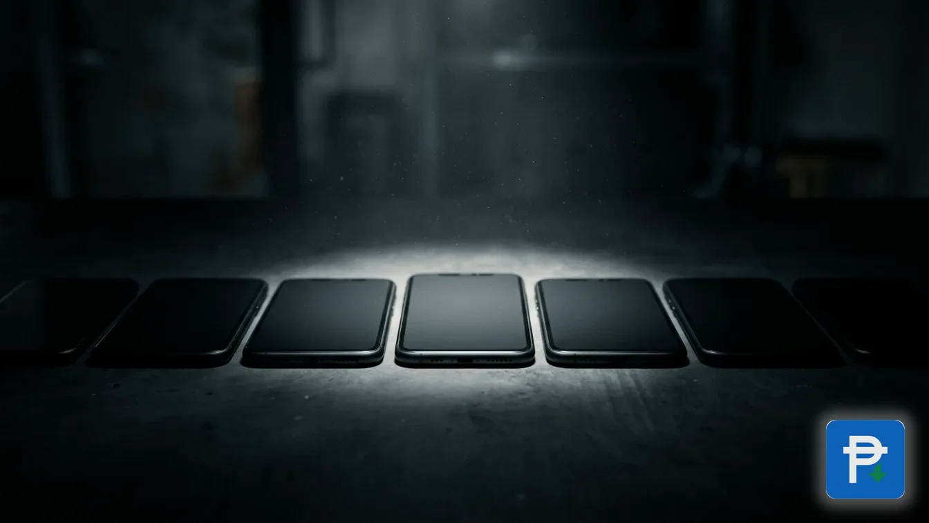 A row of identical unbranded smartphones on a studio surface, one lit by a bright spotlight while the rest fall into shadow