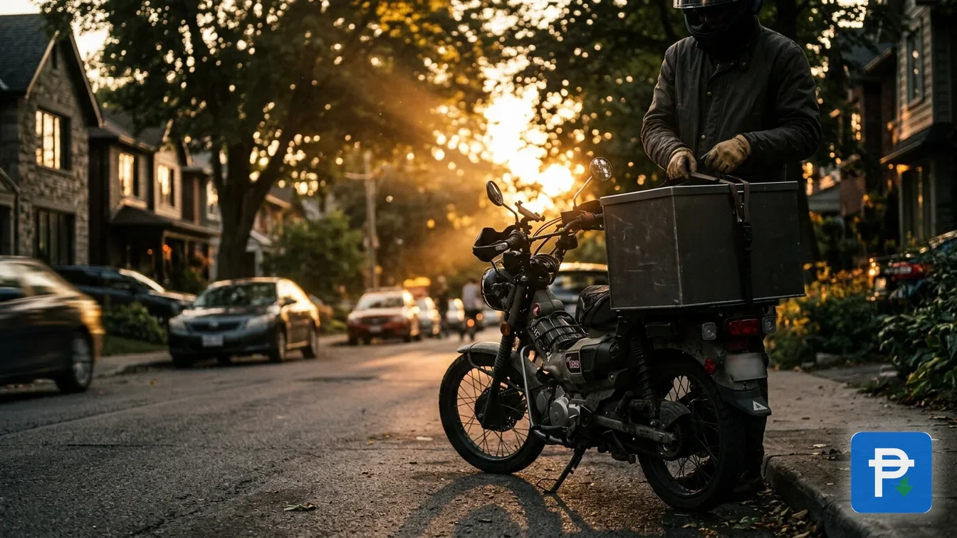 A delivery rider handing a parcel to a customer at a Philippine doorstep, a Novaluxia box in the rider's bag