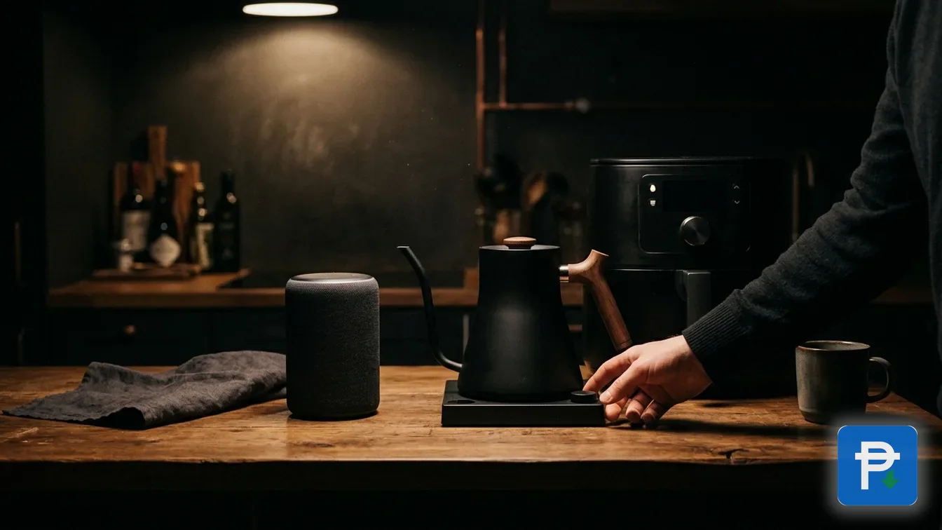 A smart kettle, a speaker and a small kitchen appliance on a wooden counter, warm kitchen light falling across the scene