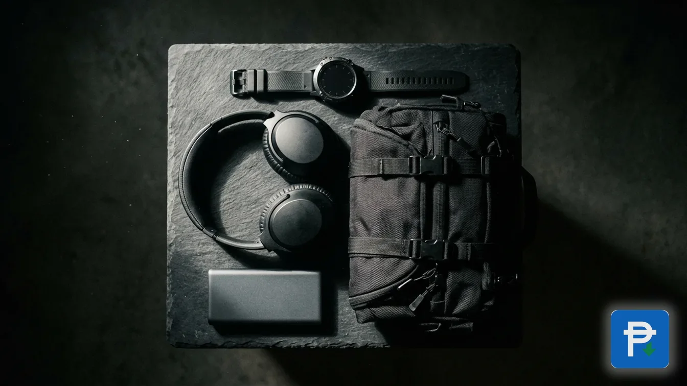 A sport watch, over-ear headphones, a power bank and a folded backpack arranged on a dark surface under a hard side light