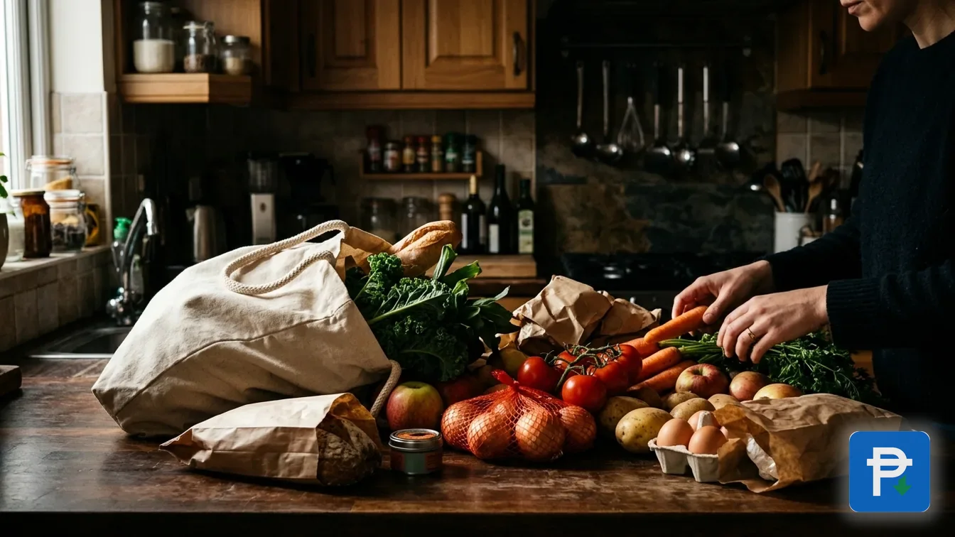 A reusable shopping bag on a kitchen counter with parcels and fresh produce spilling out beside it, bright morning light across the scene