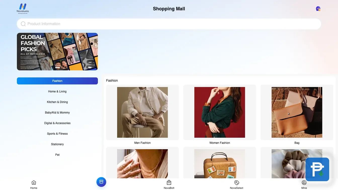 Novaluxia web store at novaluxia.ph showing the Shopping Mall page with its category list and product tiles