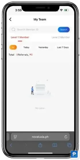 The My Team page inside the Novaluxia app at the start, with Member ID search, Level 1 and Level 2 tabs, and a referral total of zero