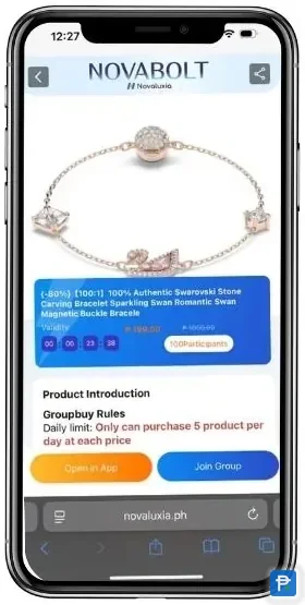 NovaBolt product page on Novaluxia PH for a Swarovski bracelet, showing the Group Buy Rules block and the Join Group button