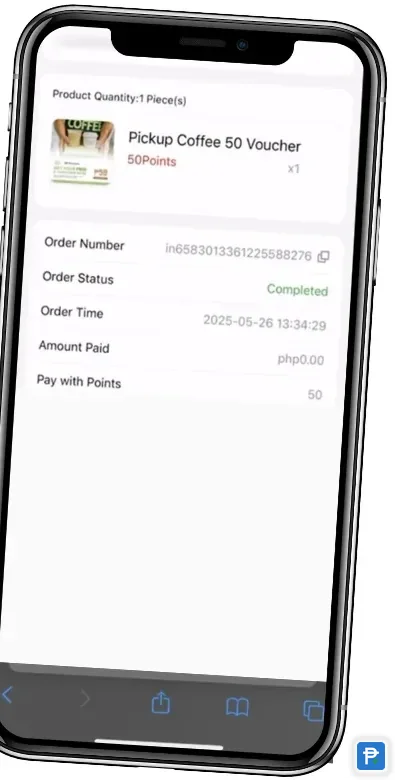 Completed redemption order for a Pickup Coffee ₱50 voucher, paid with 50 points in the Novaluxia points mall