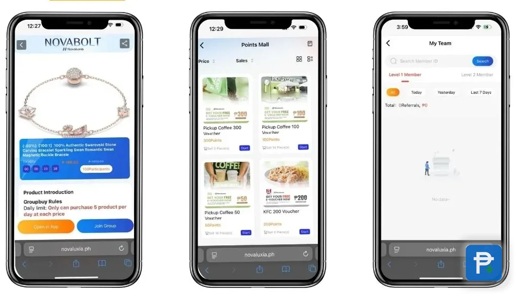 Three Novaluxia app screens: a NovaBolt group-buy page with the Group Buy Rules block and daily purchase cap, the Points Mall voucher grid, and a referral page
