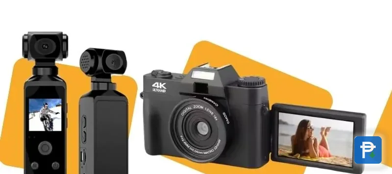 Novaluxia product shots of three camera devices: two pocket action cameras and a compact 4K camera with a flip screen
