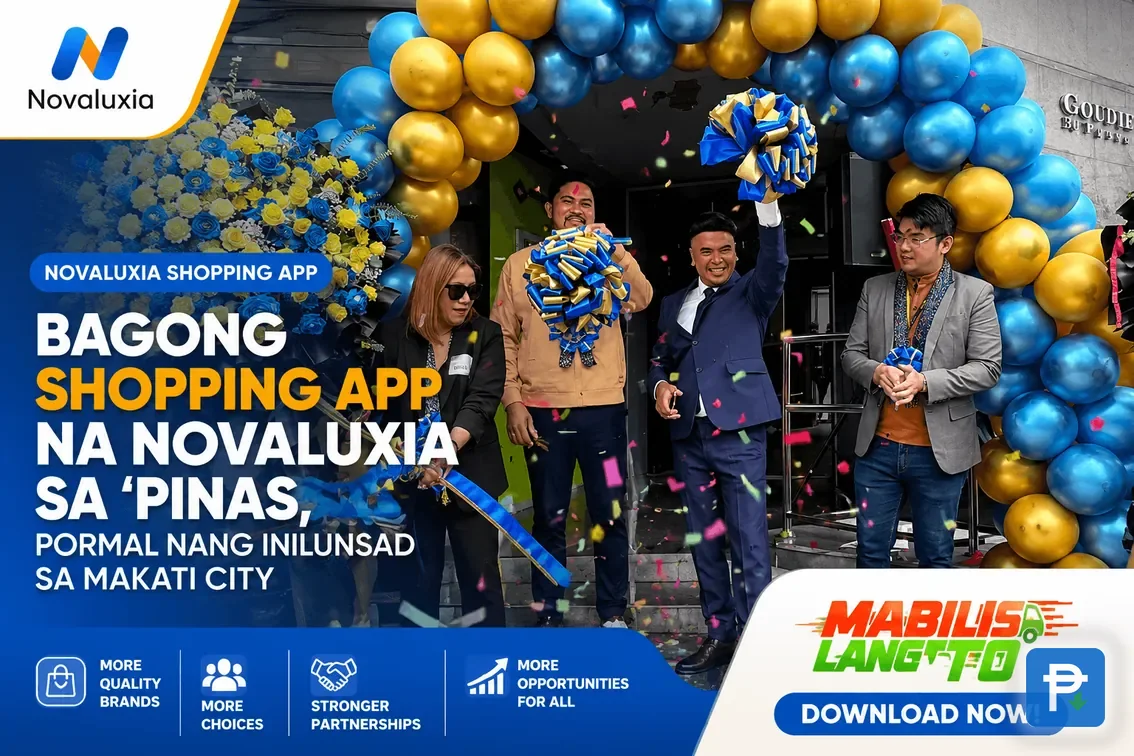 Novaluxia PH app launch press visual with a confetti store-opening photo and a Download Now prompt