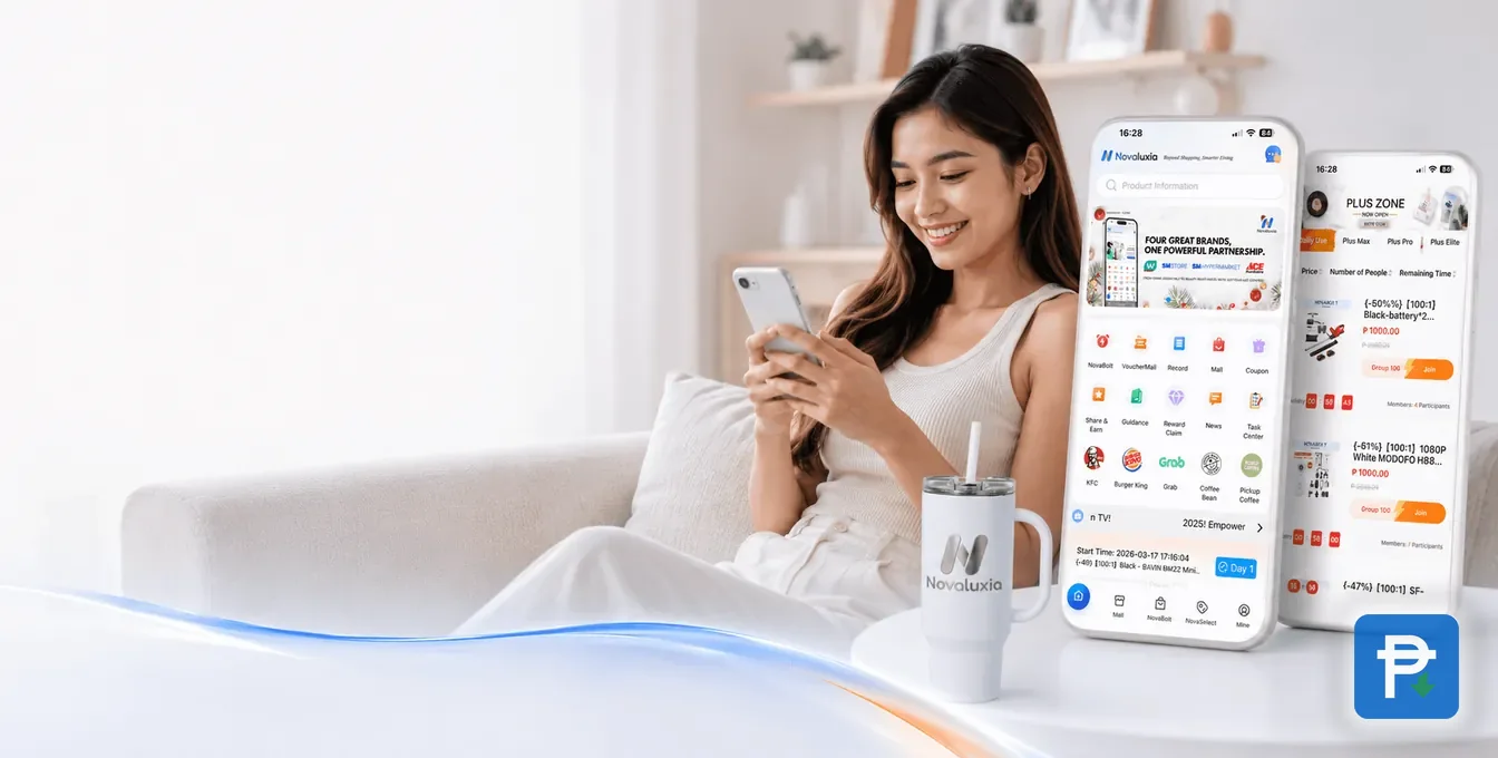 App screens beside a user on a sofa: the points side of Novaluxia lives in the same app as the shopping side, so checking a voucher's points price takes seconds