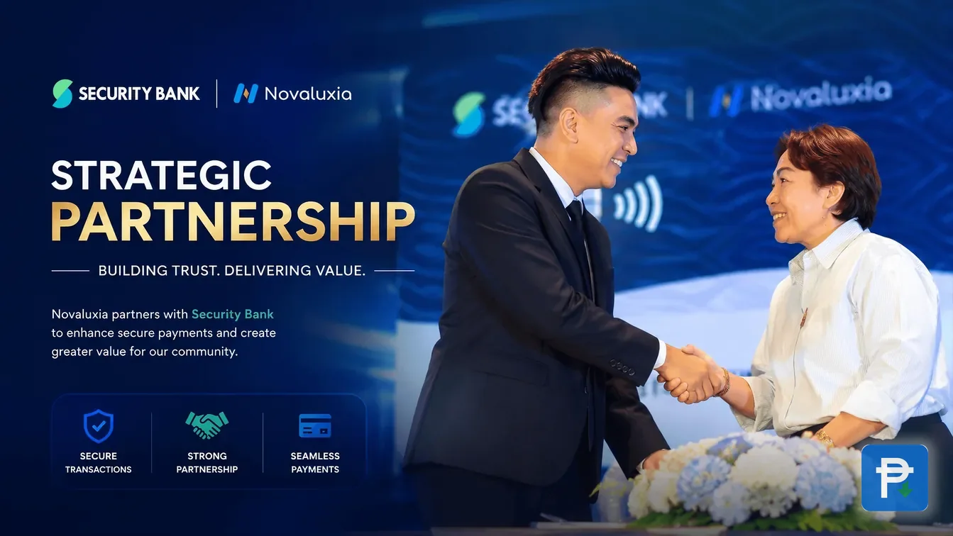 The Security Bank and Novaluxia PH strategic partnership announcement, dated 20 May 2026, with two executives shaking hands