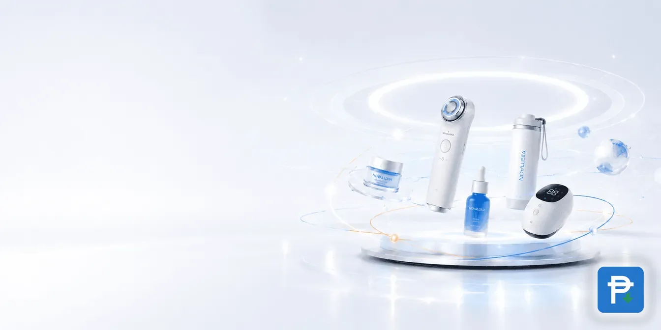 Novaluxia products under review, a facial device, a serum bottle and cream jars arranged on a lit platform
