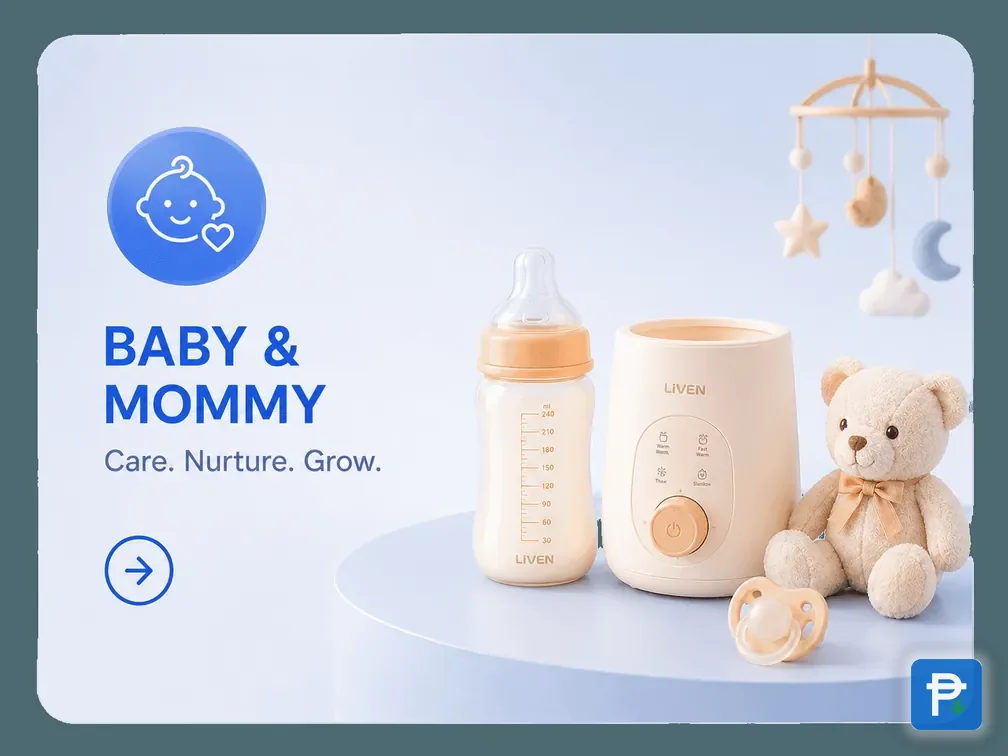 Baby and mommy category card in the Novaluxia mall, a bottle warmer, a milk bottle, a teddy bear and a crib mobile