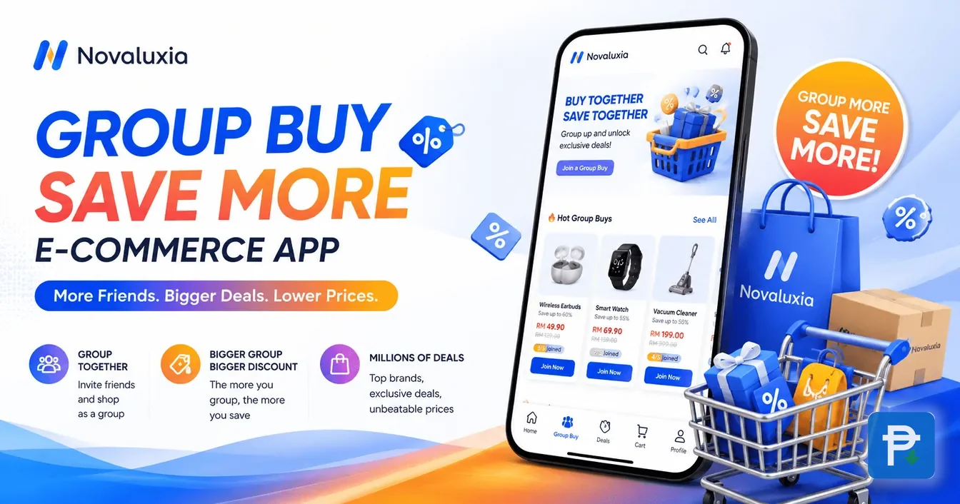 Novaluxia Group Buy Save More banner next to a phone screen with Hot Group Buys and a Buy Together Save Together promo