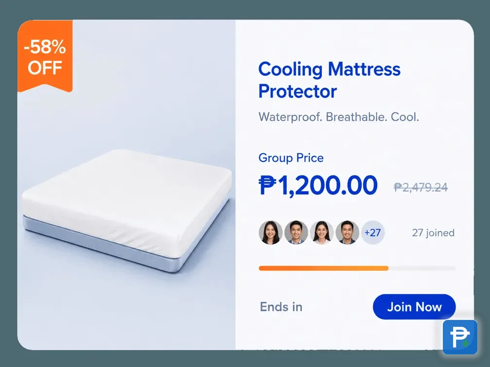 Novaluxia PH group-buy card for a cooling mattress protector, 58% off at ₱1,200 against a ₱2,479.24 list price, 27 joined
