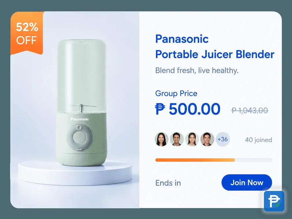 Novaluxia group-buy card showing a Panasonic portable juicer blender at ₱500, 52% off a ₱1,043 list price, with 40 buyers joined