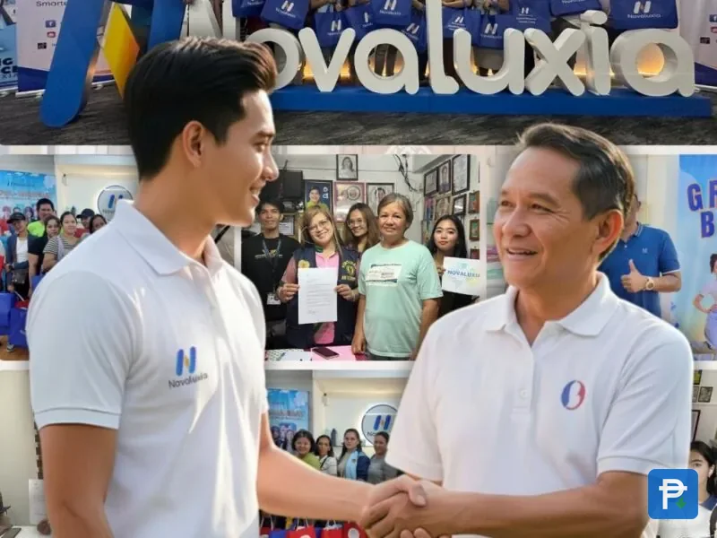 Two men in branded polos shaking hands at a Novaluxia partnership event, with a collage of customers holding signs behind them