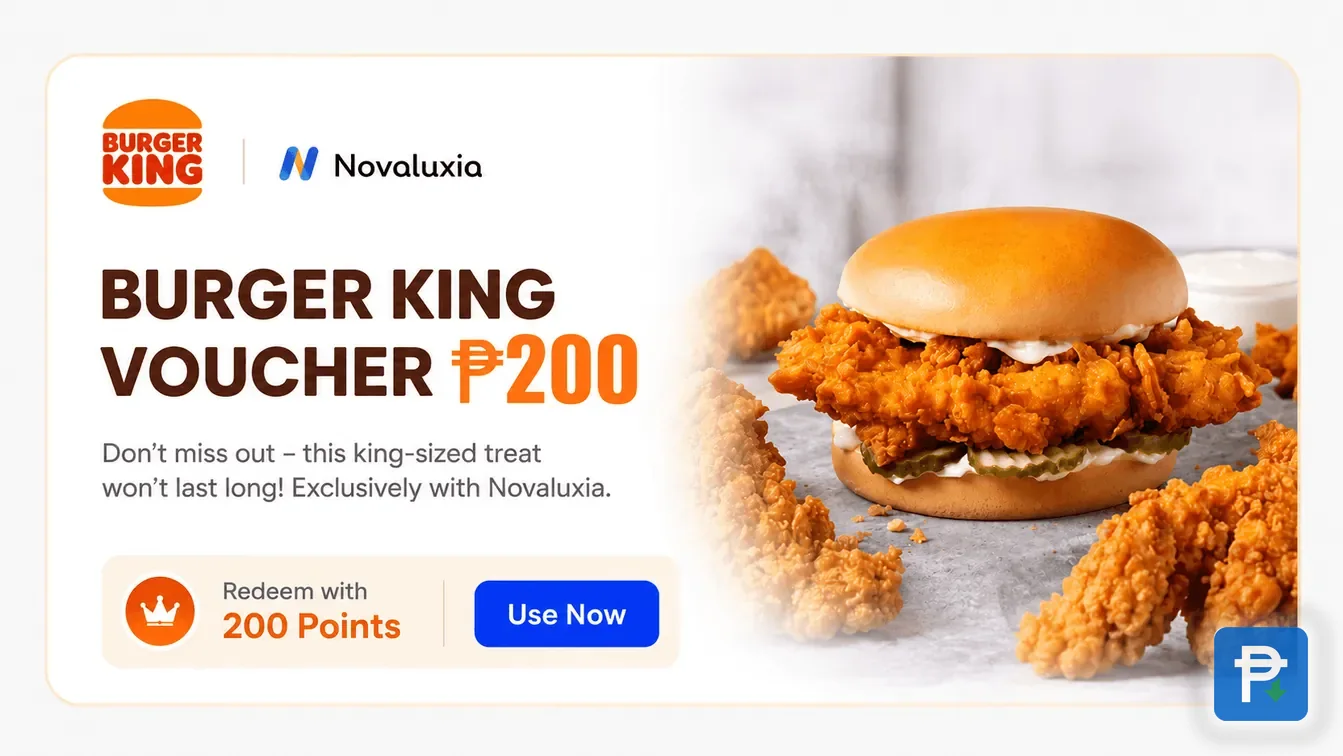 Burger King ₱200 reward card on the Novaluxia PH voucher list, priced at 200 points