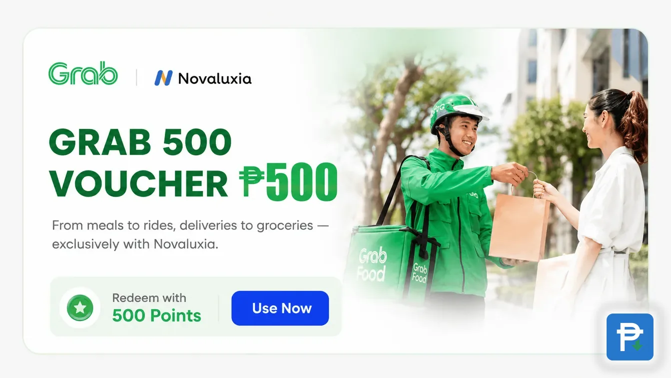 Grab ₱500 reward card listing on Novaluxia, redeemable for 500 points