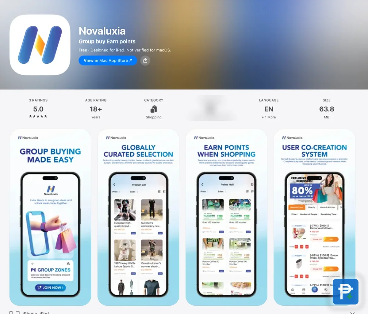 The Apple App Store listing for the Novaluxia app, showing the app icon, the subtitle Group buy Earn points, the category Shopping and the rating