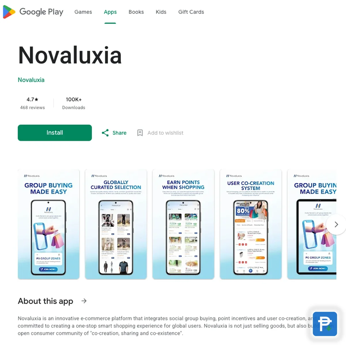 The Google Play listing for the Novaluxia app, showing the name Novaluxia, the developer Novaluxia, a 4.7-star rating from 468 reviews and 100K+ downloads